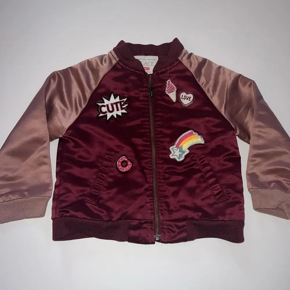 The Children’s Place Girls 4T Satin‎ Varsity Jacket With Patches Red And Pink